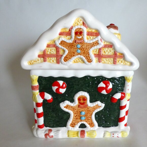 NEW VINTAGE 10” HOLIDAY CHRISTMAS GINGERBREAD HOUSE CERAMIC COOKIE JAR - Picture 4 of 15